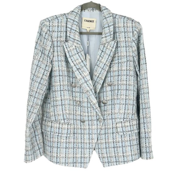 NWT L’Agence Kenzie Double Breasted Plaid Blazer in Light Blue Tweed - Picture 2 of 11